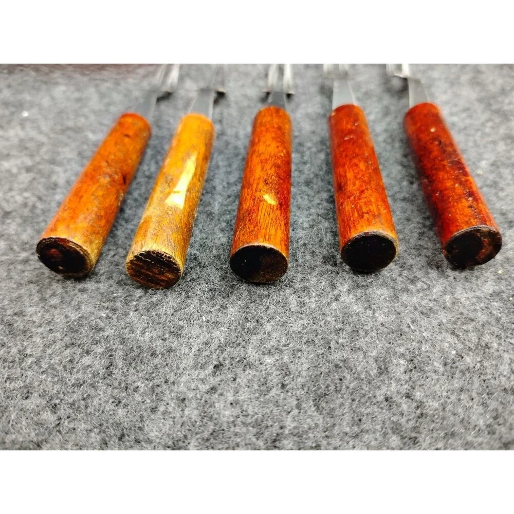 Vintage MCM Appetizer Cocktail Mini Forks Set Of 5 Wood Handle